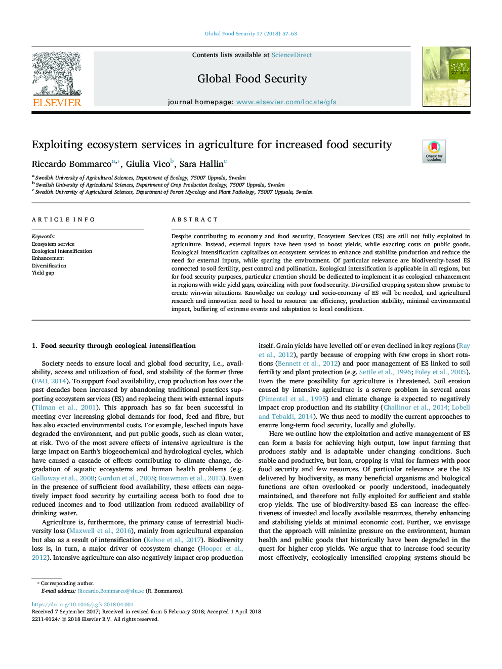 Exploiting ecosystem services in agriculture for increased food security