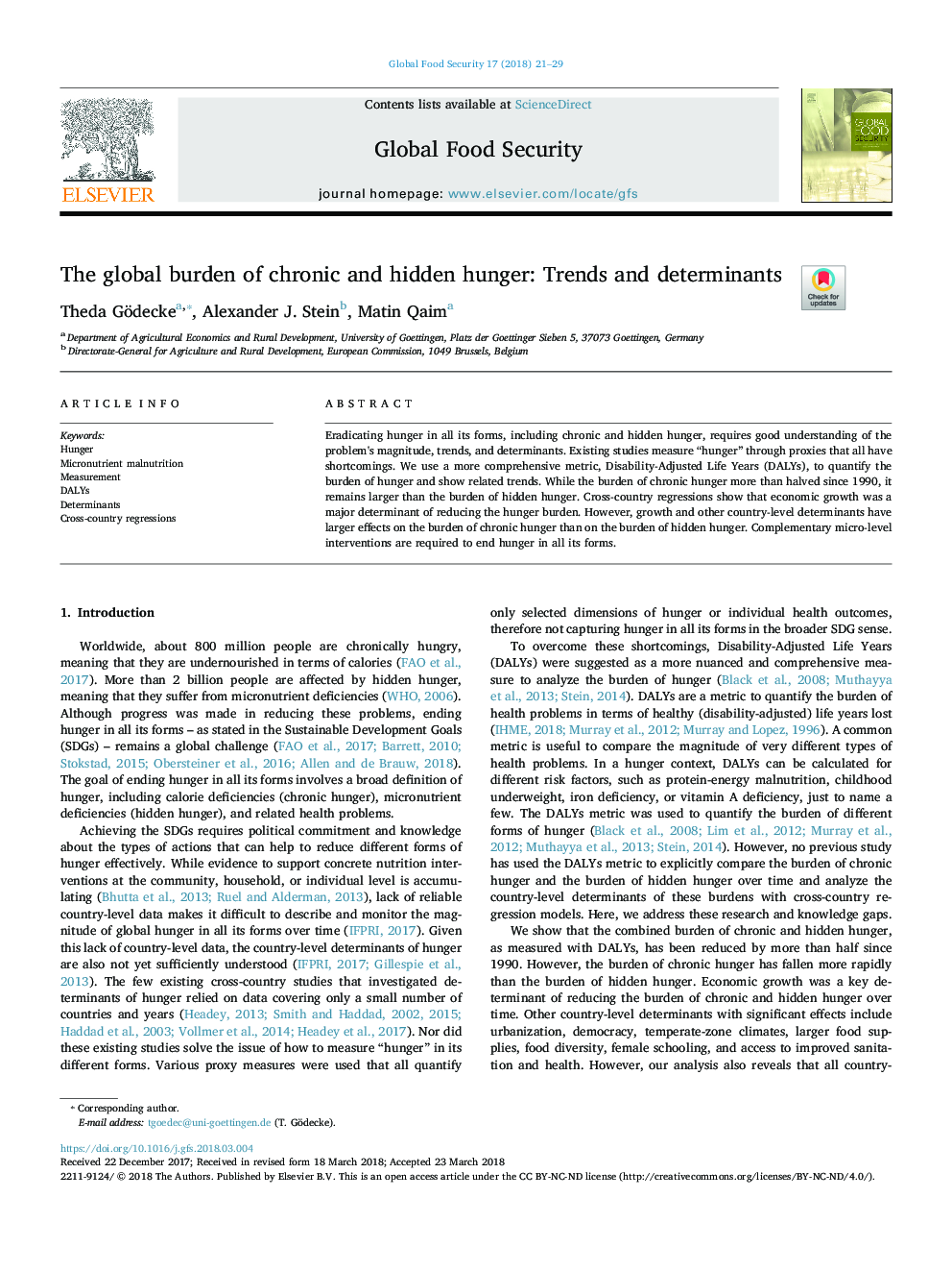 The global burden of chronic and hidden hunger: Trends and determinants