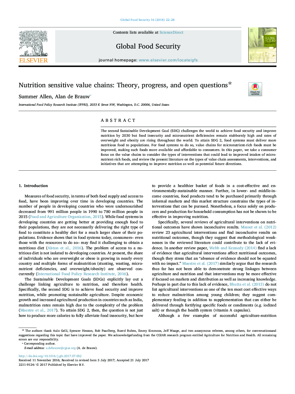 Nutrition sensitive value chains: Theory, progress, and open questions