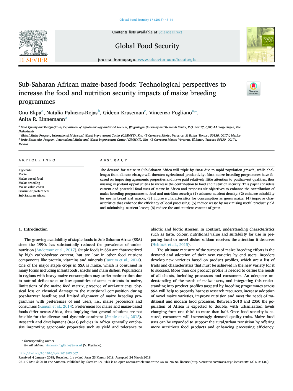 Sub-Saharan African maize-based foods: Technological perspectives to increase the food and nutrition security impacts of maize breeding programmes