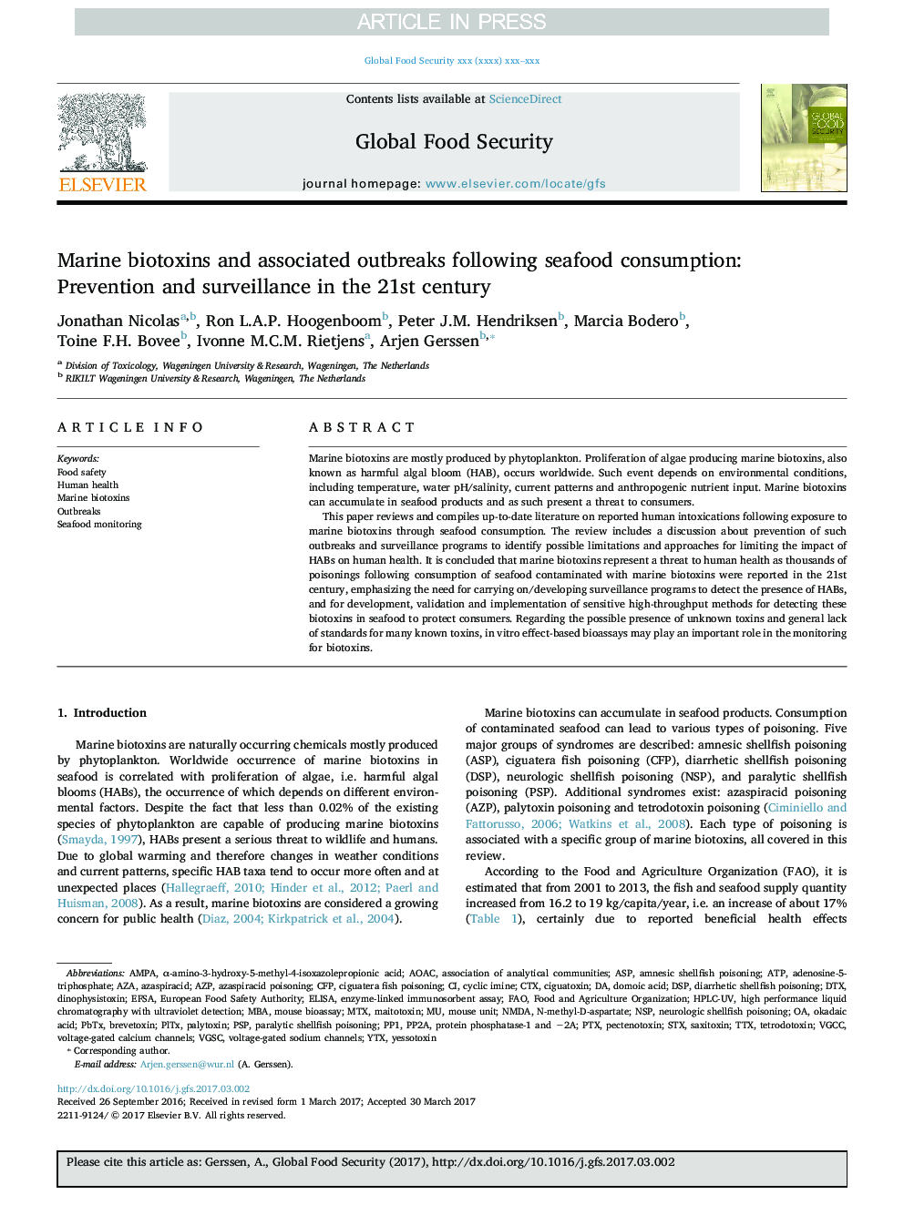 Marine biotoxins and associated outbreaks following seafood consumption: Prevention and surveillance in the 21st century