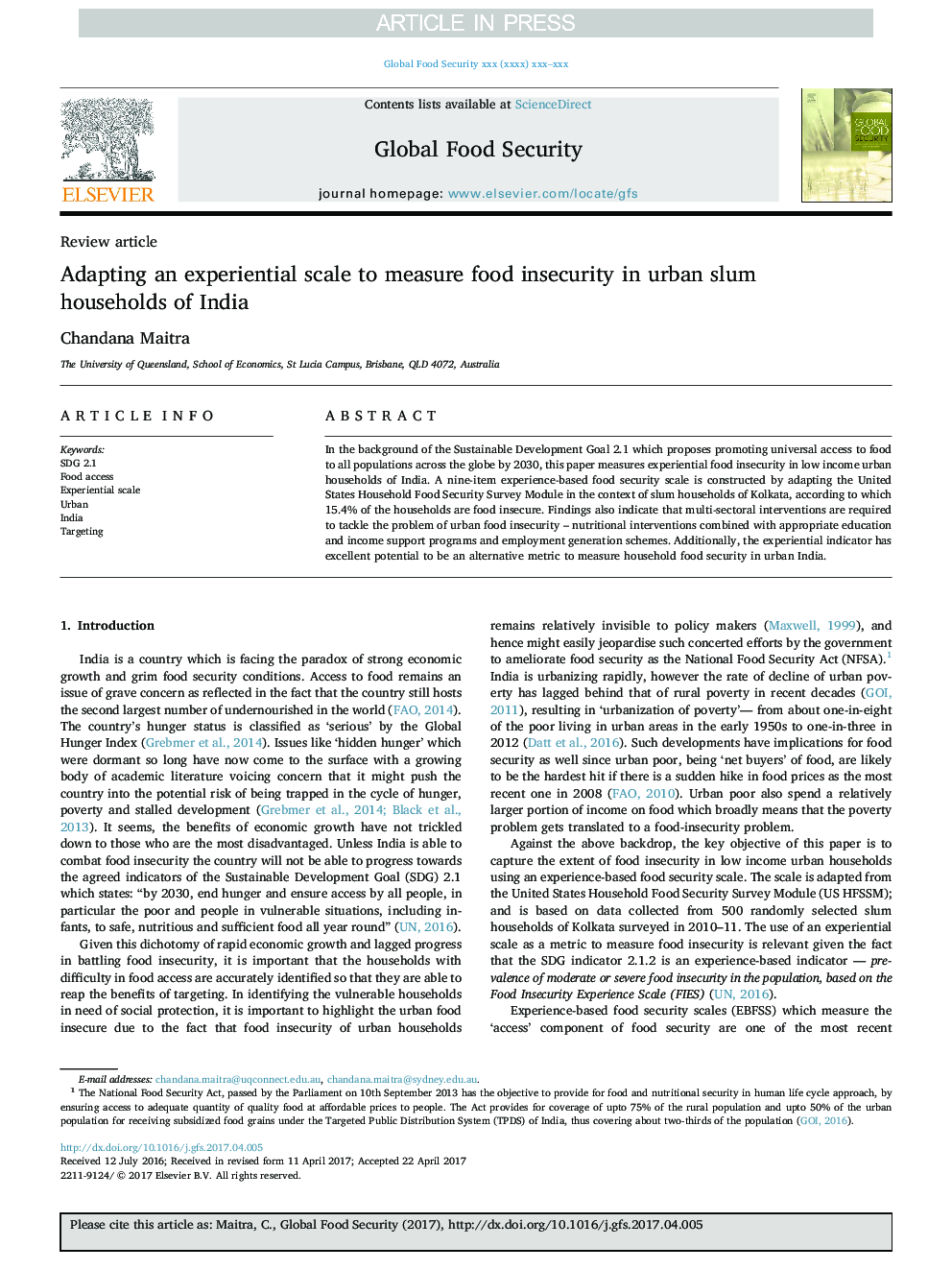 Adapting an experiential scale to measure food insecurity in urban slum households of India