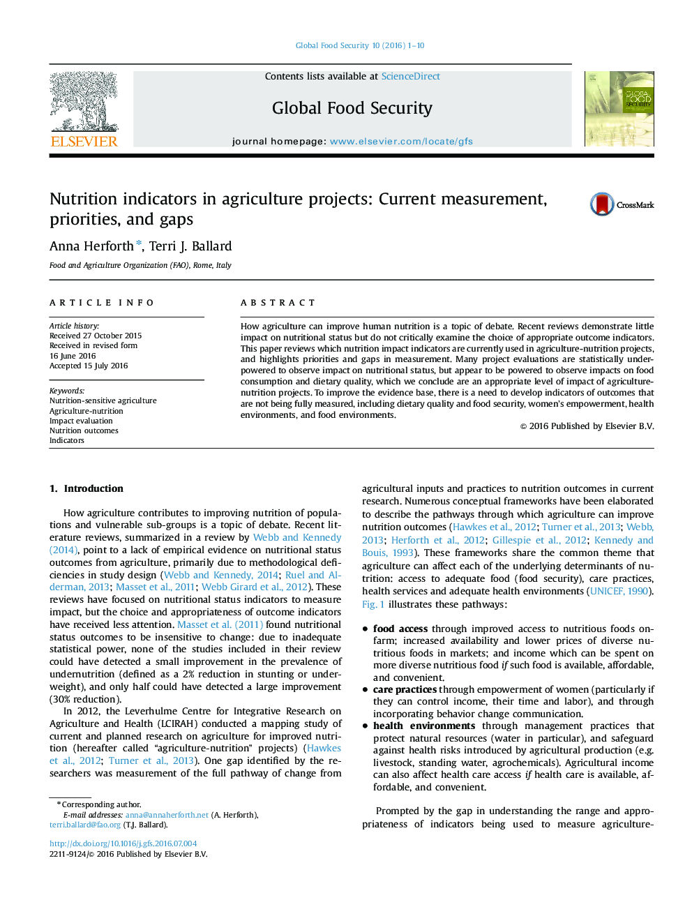 Nutrition indicators in agriculture projects: Current measurement, priorities, and gaps