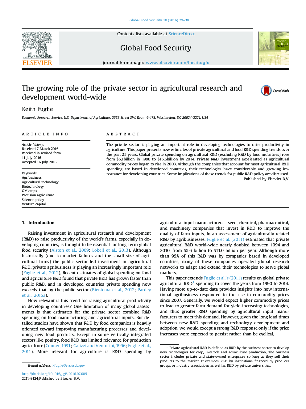 The growing role of the private sector in agricultural research and development world-wide