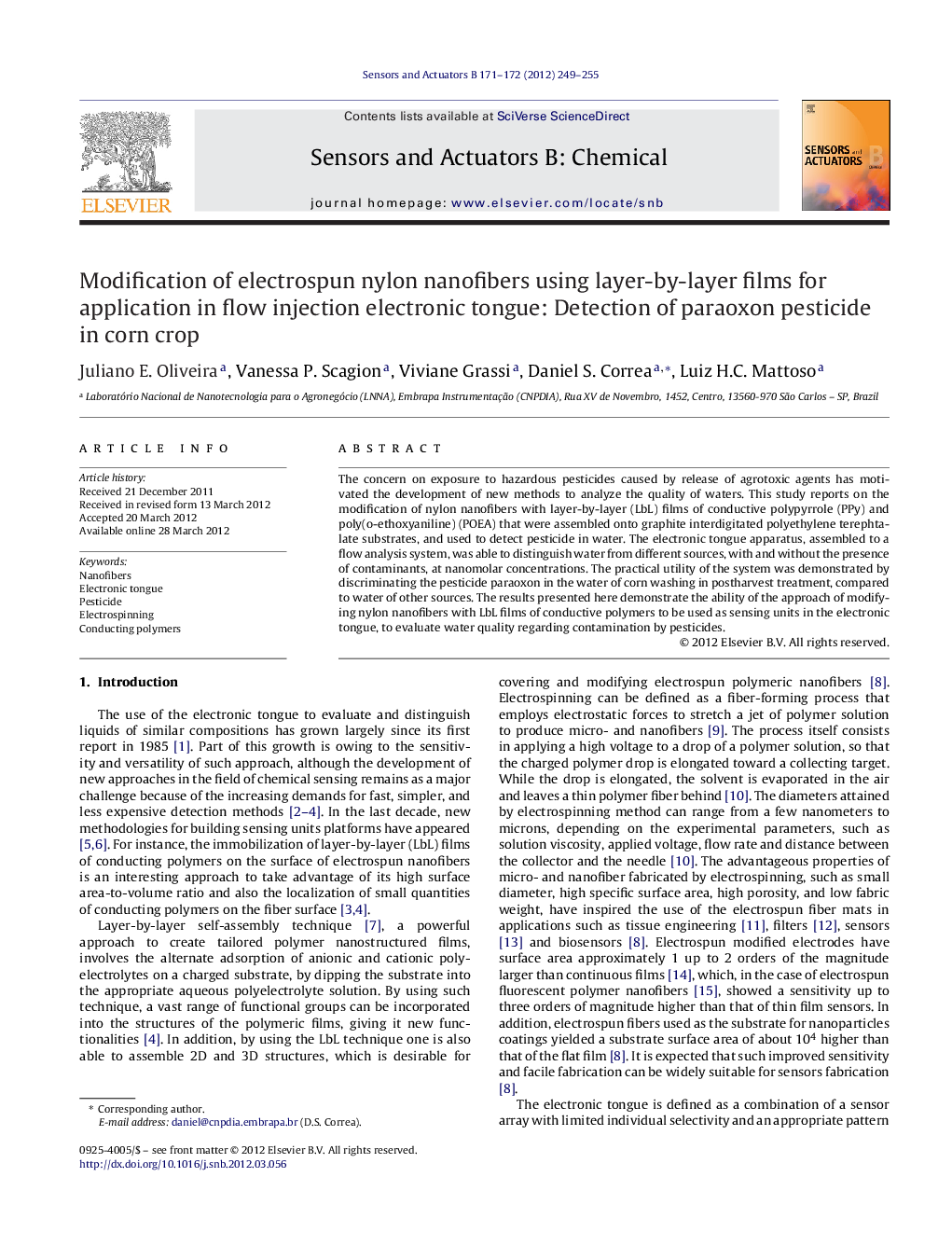 Modification of electrospun nylon nanofibers using layer-by-layer films for application in flow injection electronic tongue: Detection of paraoxon pesticide in corn crop