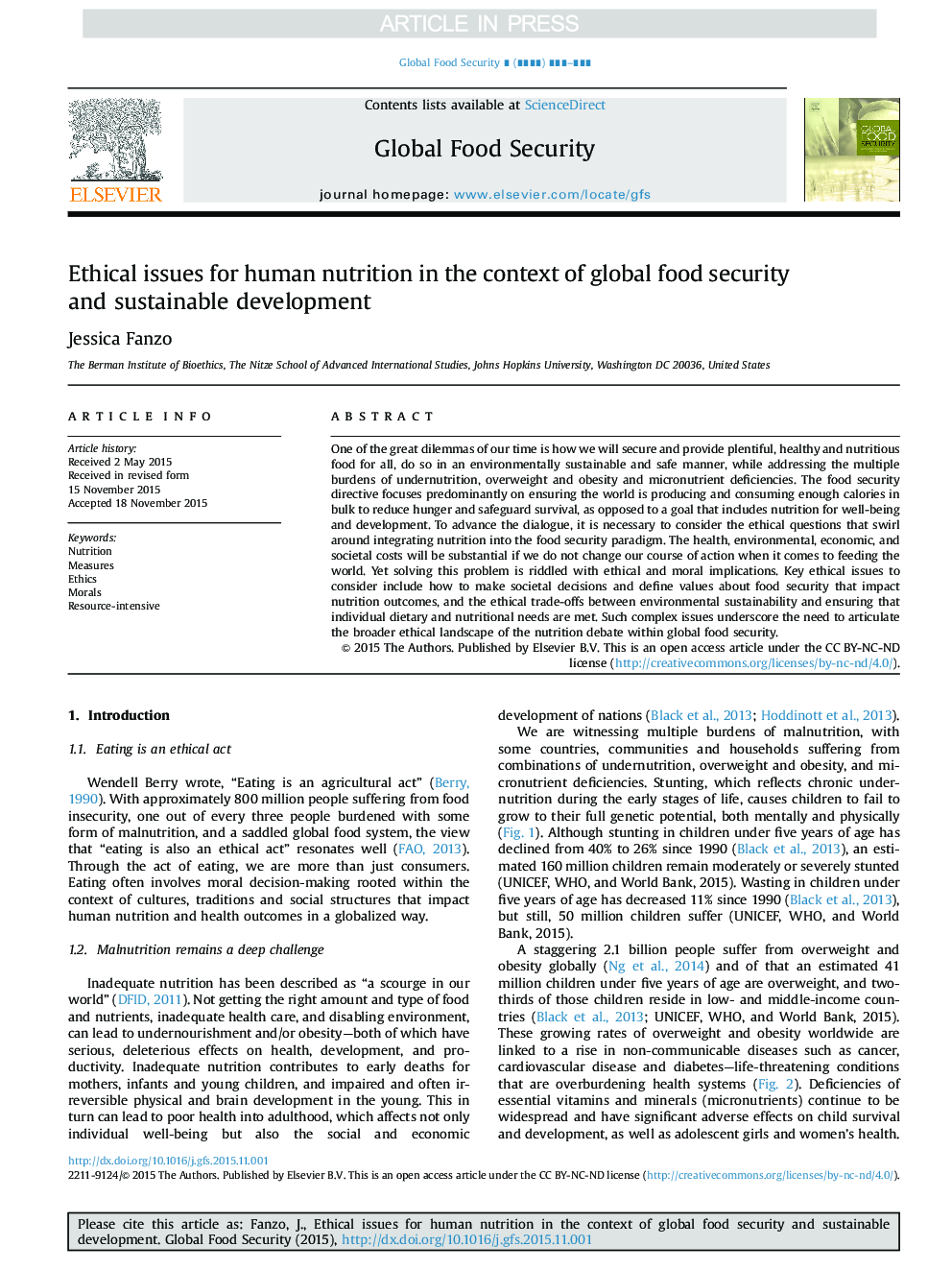Ethical issues for human nutrition in the context of global food security and sustainable development