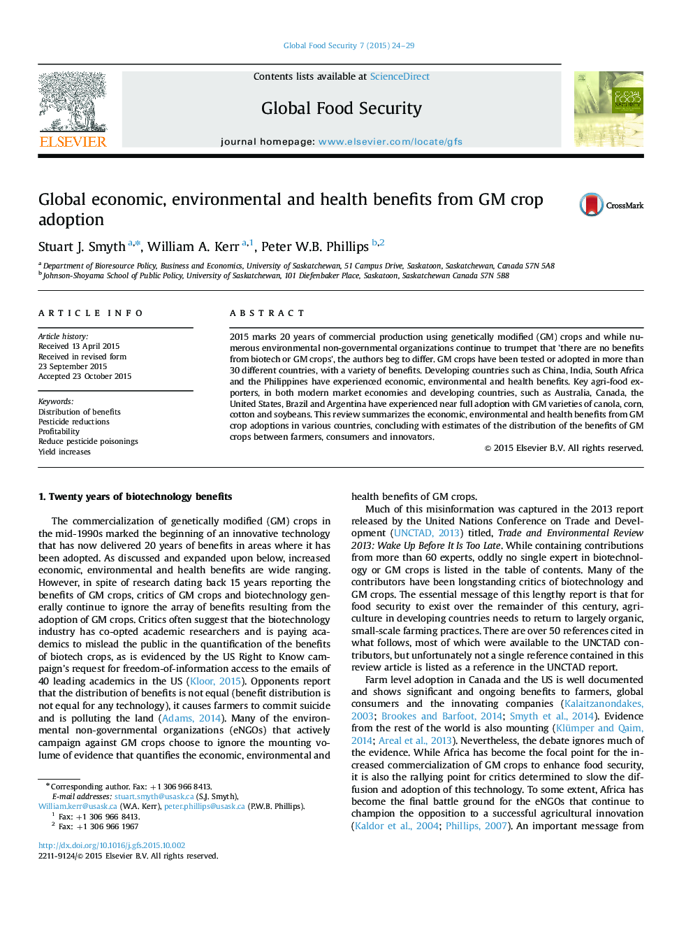 Global economic, environmental and health benefits from GM crop adoption