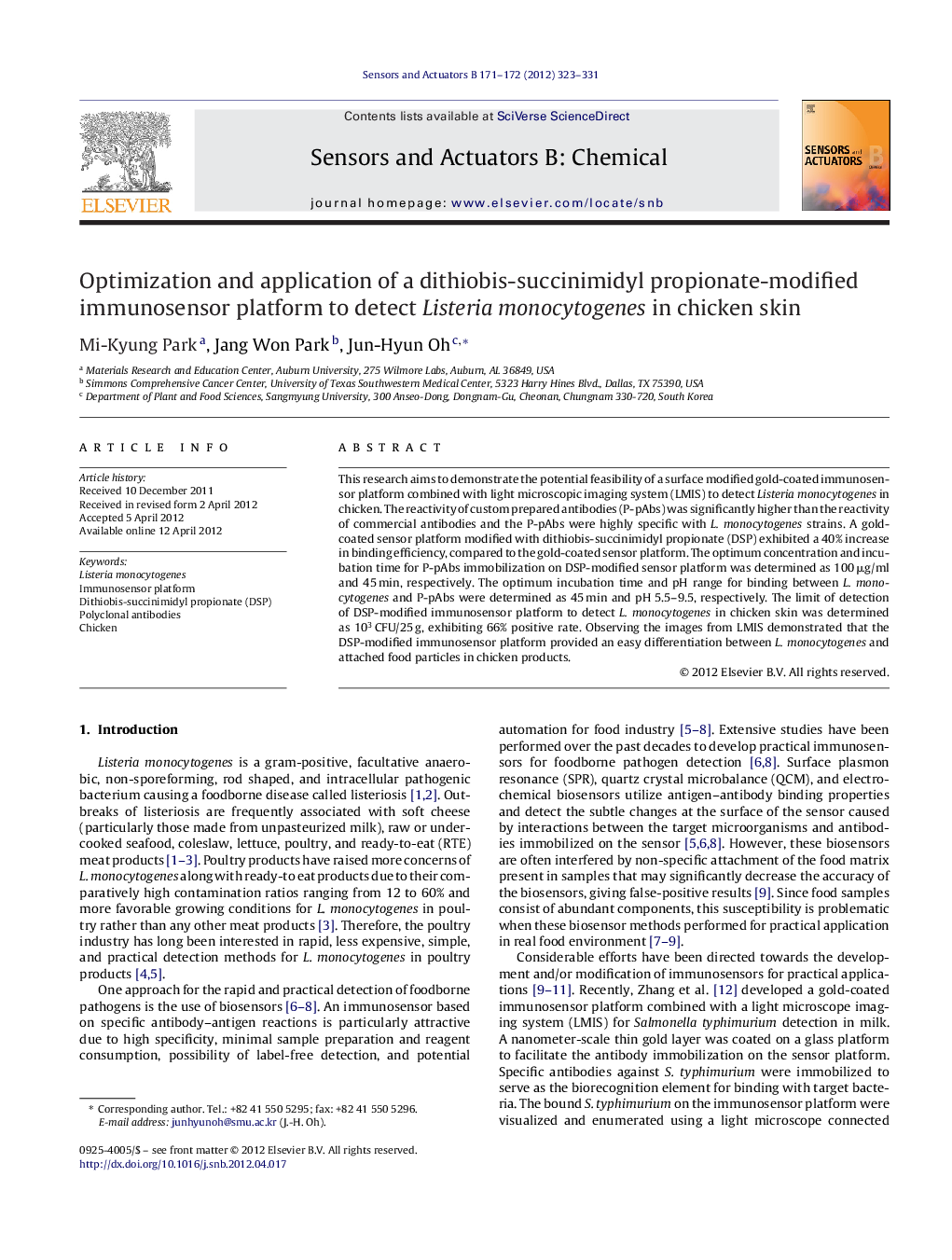 Optimization and application of a dithiobis-succinimidyl propionate-modified immunosensor platform to detect Listeria monocytogenes in chicken skin