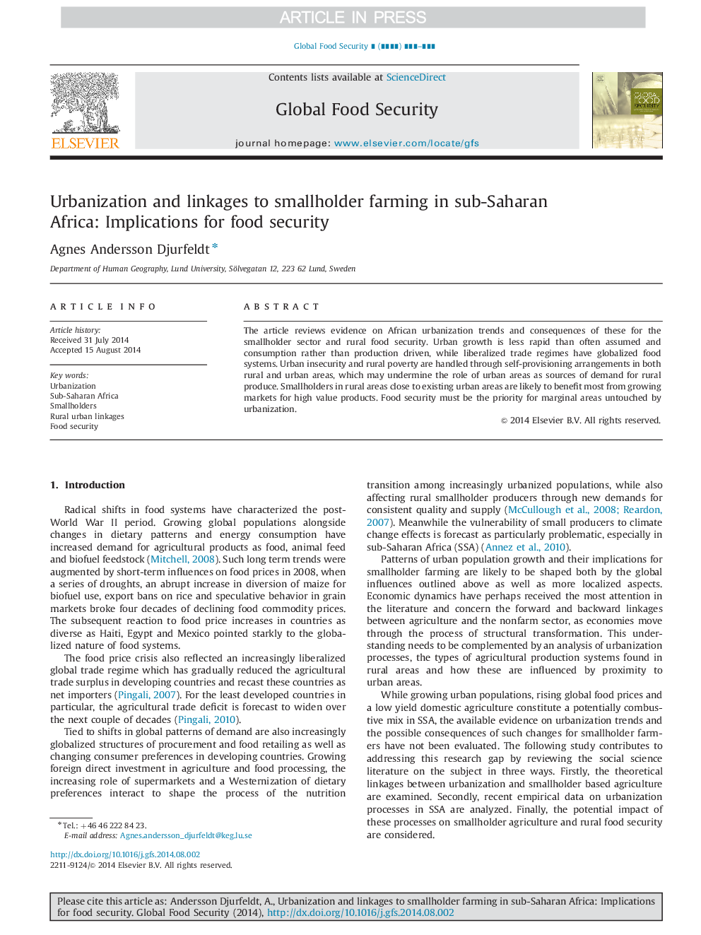 Urbanization and linkages to smallholder farming in sub-Saharan Africa: Implications for food security