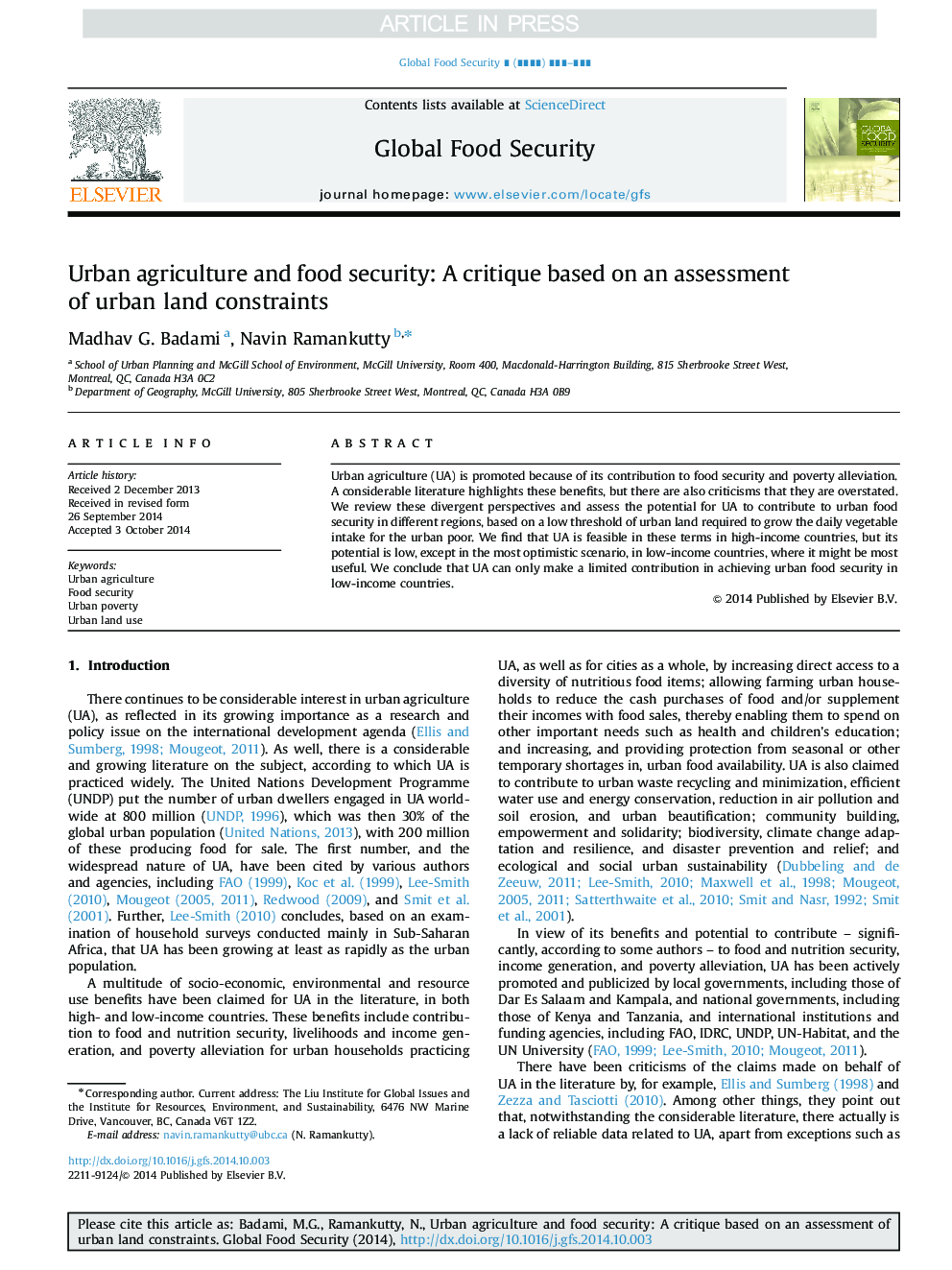 Urban agriculture and food security: A critique based on an assessment of urban land constraints