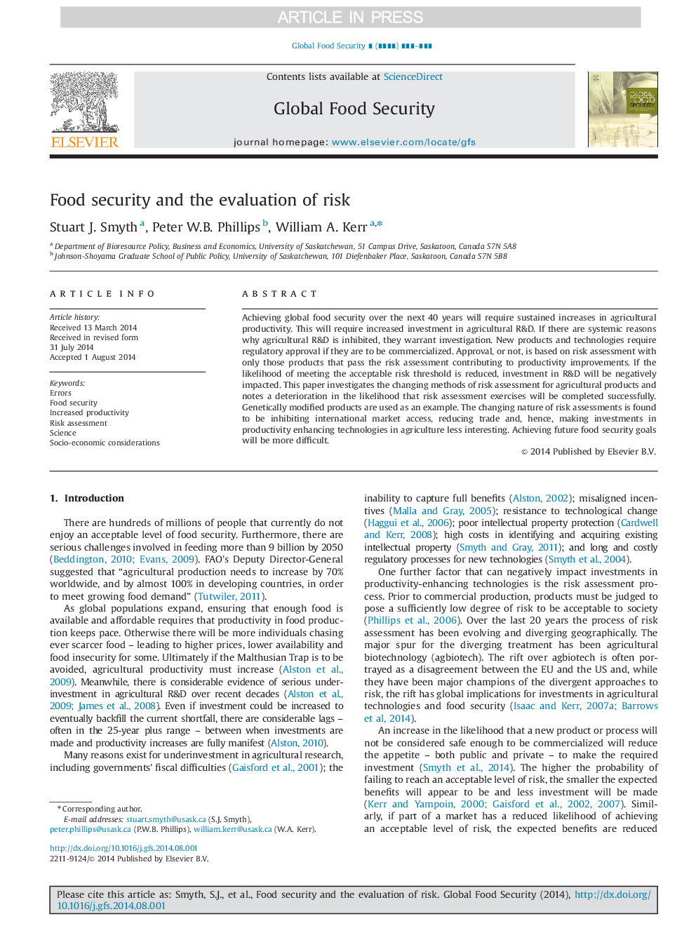 Food security and the evaluation of risk