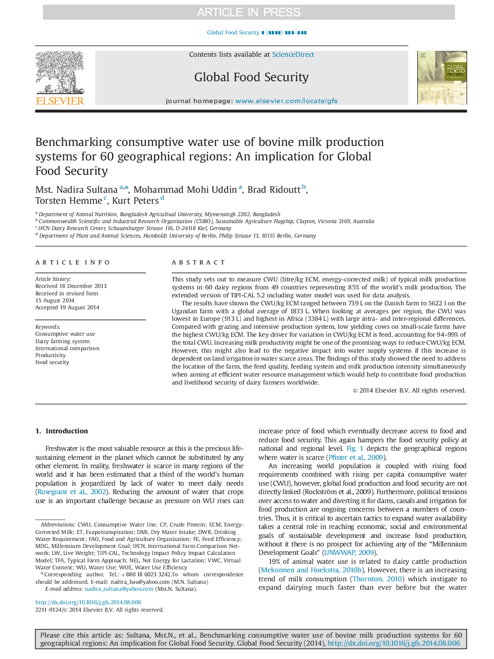 Benchmarking consumptive water use of bovine milk production systems for 60 geographical regions: An implication for Global Food Security