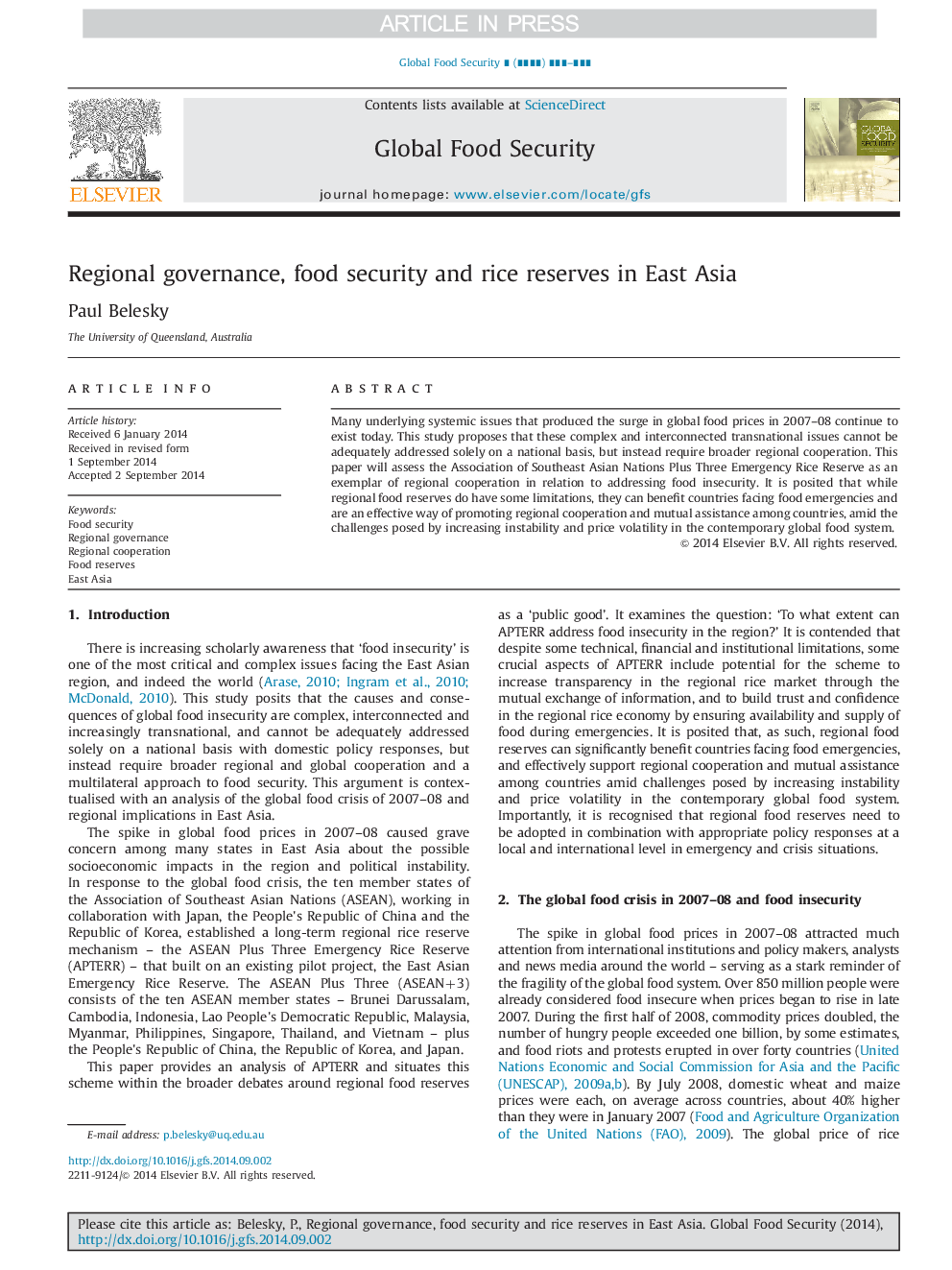 Regional governance, food security and rice reserves in East Asia