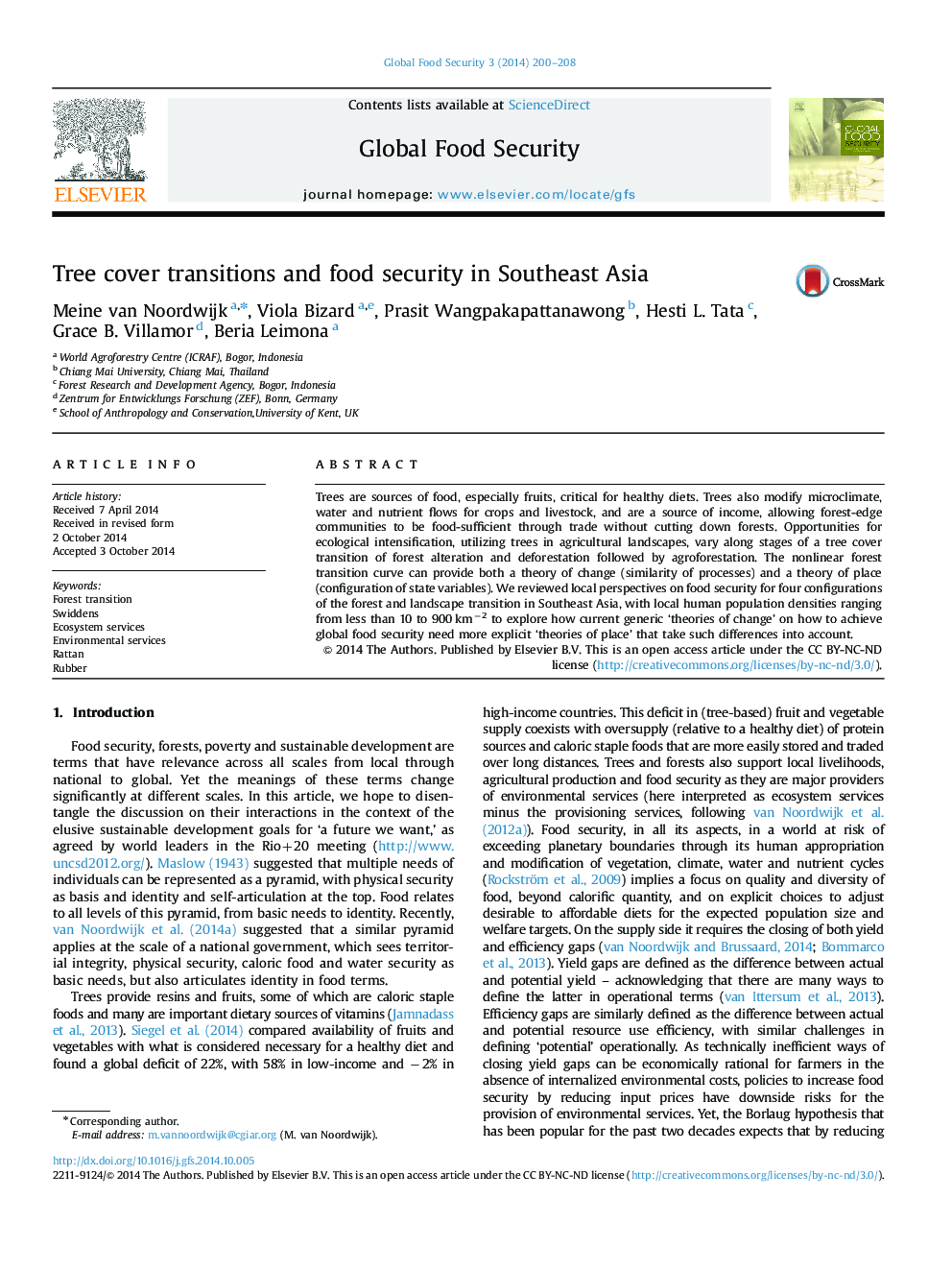 Tree cover transitions and food security in Southeast Asia