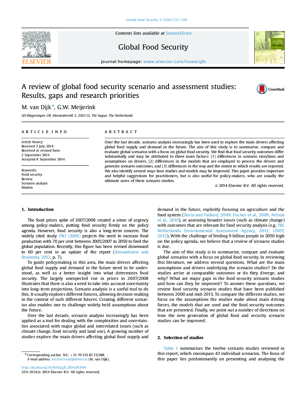 A review of global food security scenario and assessment studies: Results, gaps and research priorities