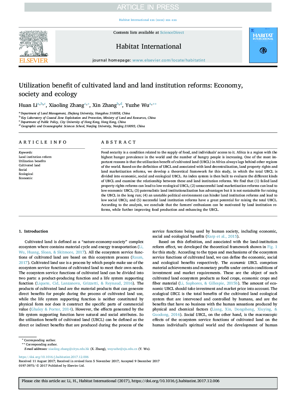 Utilization benefit of cultivated land and land institution reforms: Economy, society and ecology