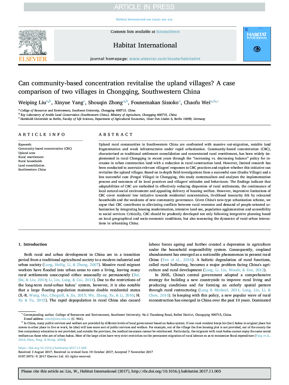 Can community-based concentration revitalise the upland villages? A case comparison of two villages in Chongqing, Southwestern China