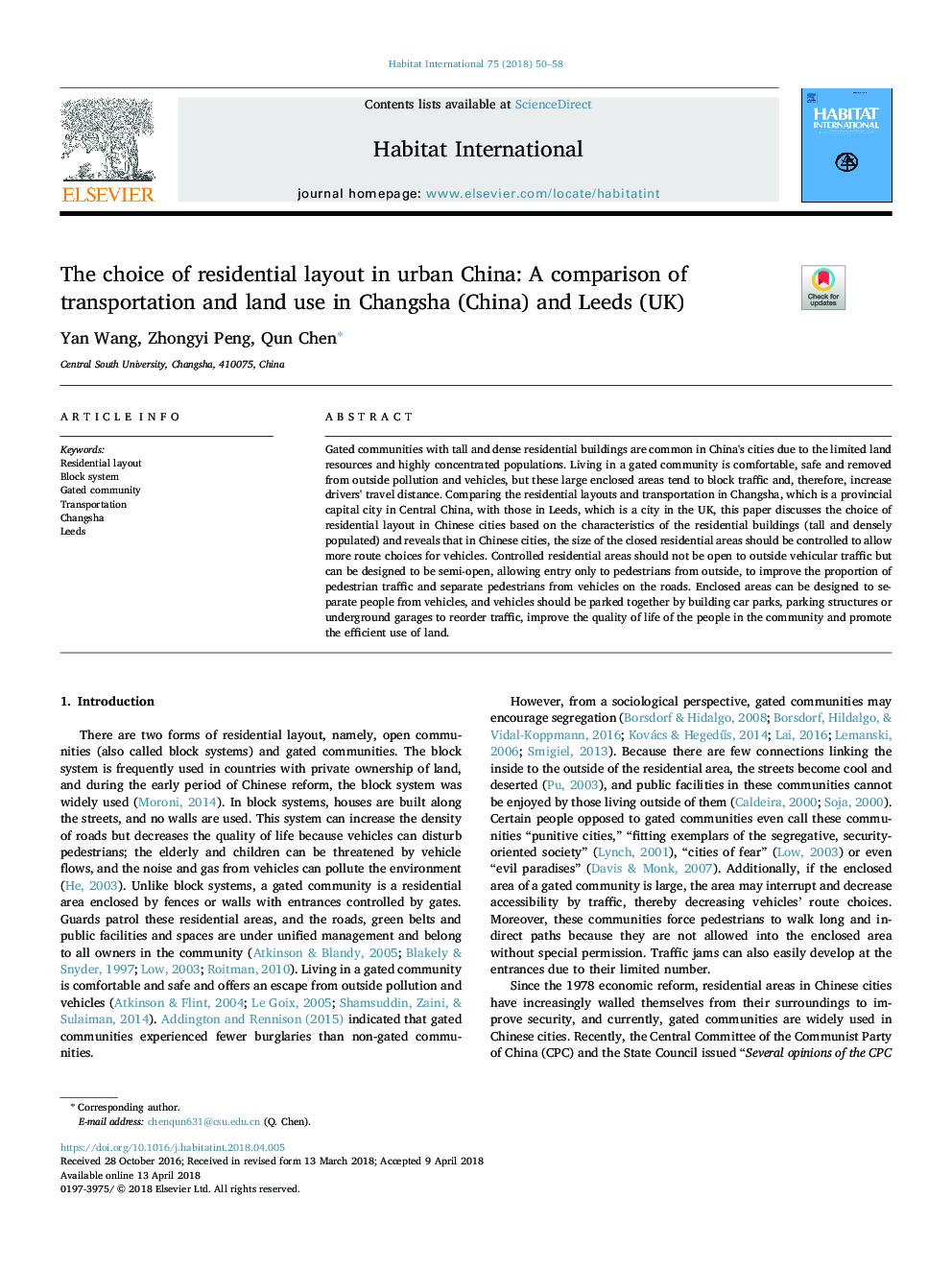The choice of residential layout in urban China: A comparison of transportation and land use in Changsha (China) and Leeds (UK)