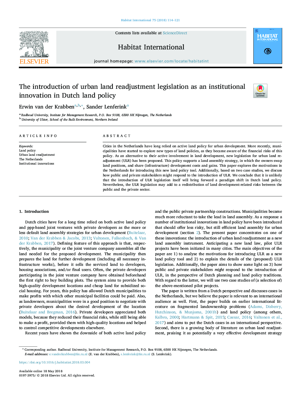 The introduction of urban land readjustment legislation as an institutional innovation in Dutch land policy