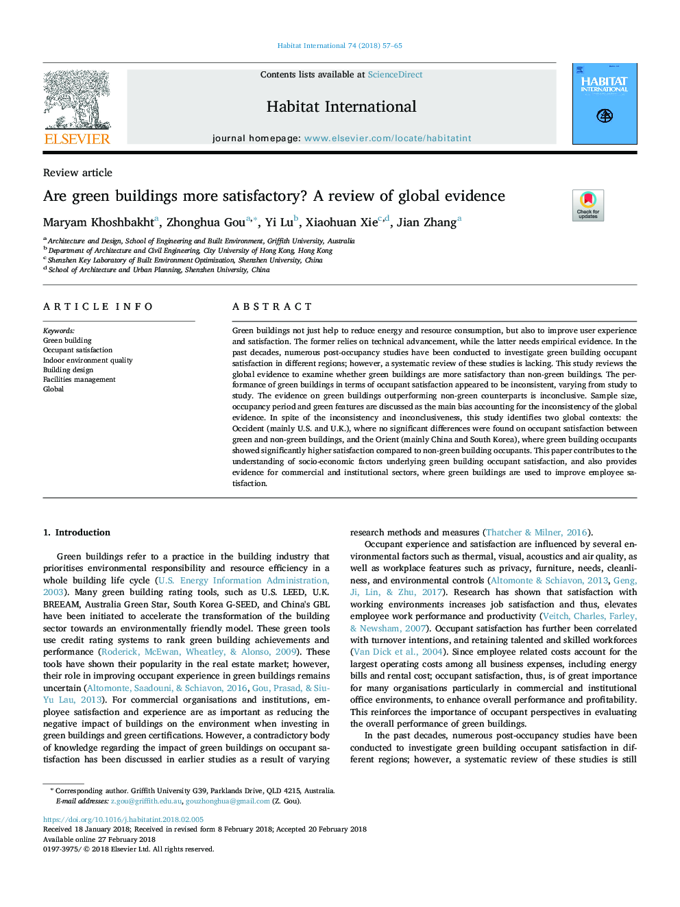 Are green buildings more satisfactory? A review of global evidence