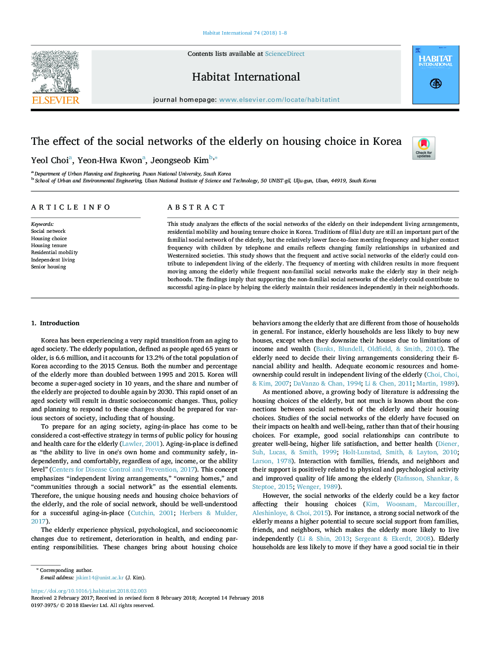 The effect of the social networks of the elderly on housing choice in Korea