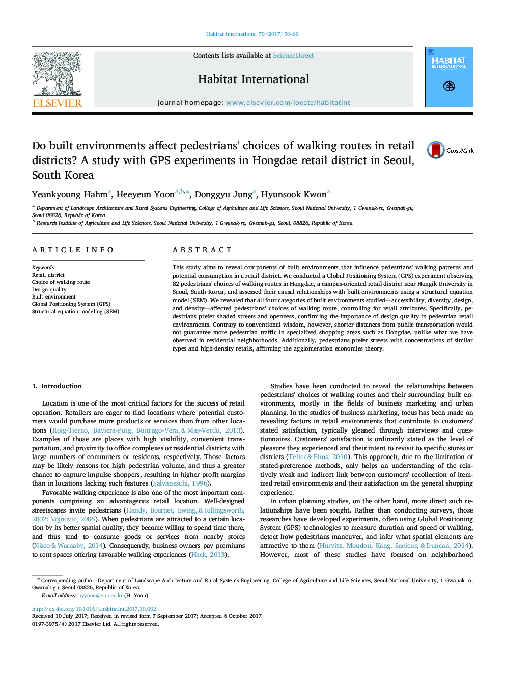 Do built environments affect pedestrians' choices of walking routes in retail districts? A study with GPS experiments in Hongdae retail district in Seoul, South Korea