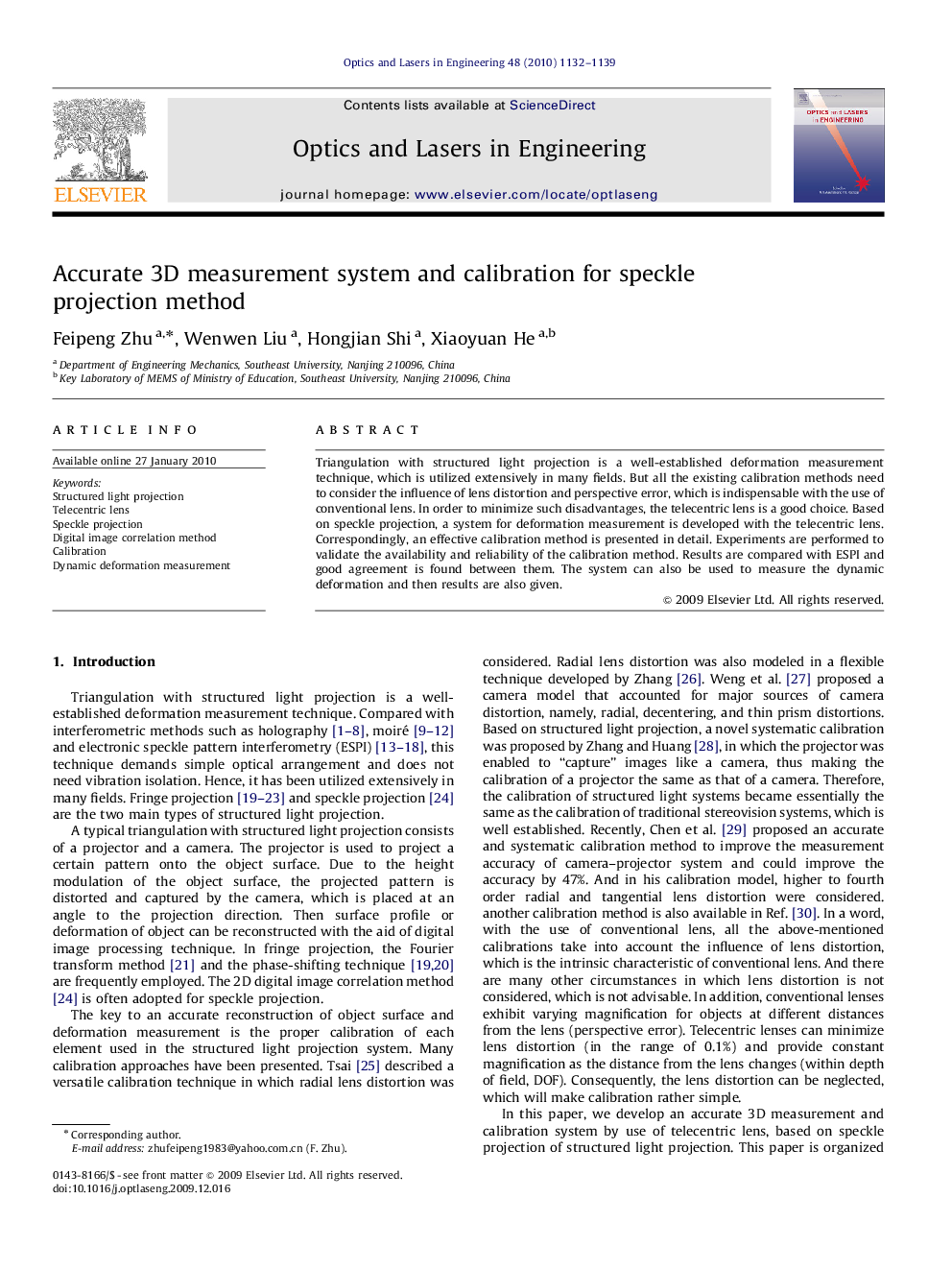 Accurate 3D measurement system and calibration for speckle projection method