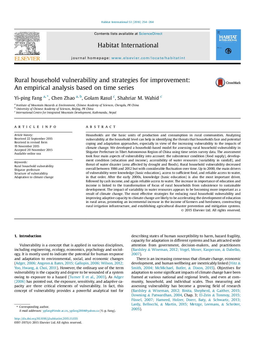 Rural household vulnerability and strategies for improvement: AnÂ empirical analysis based on time series