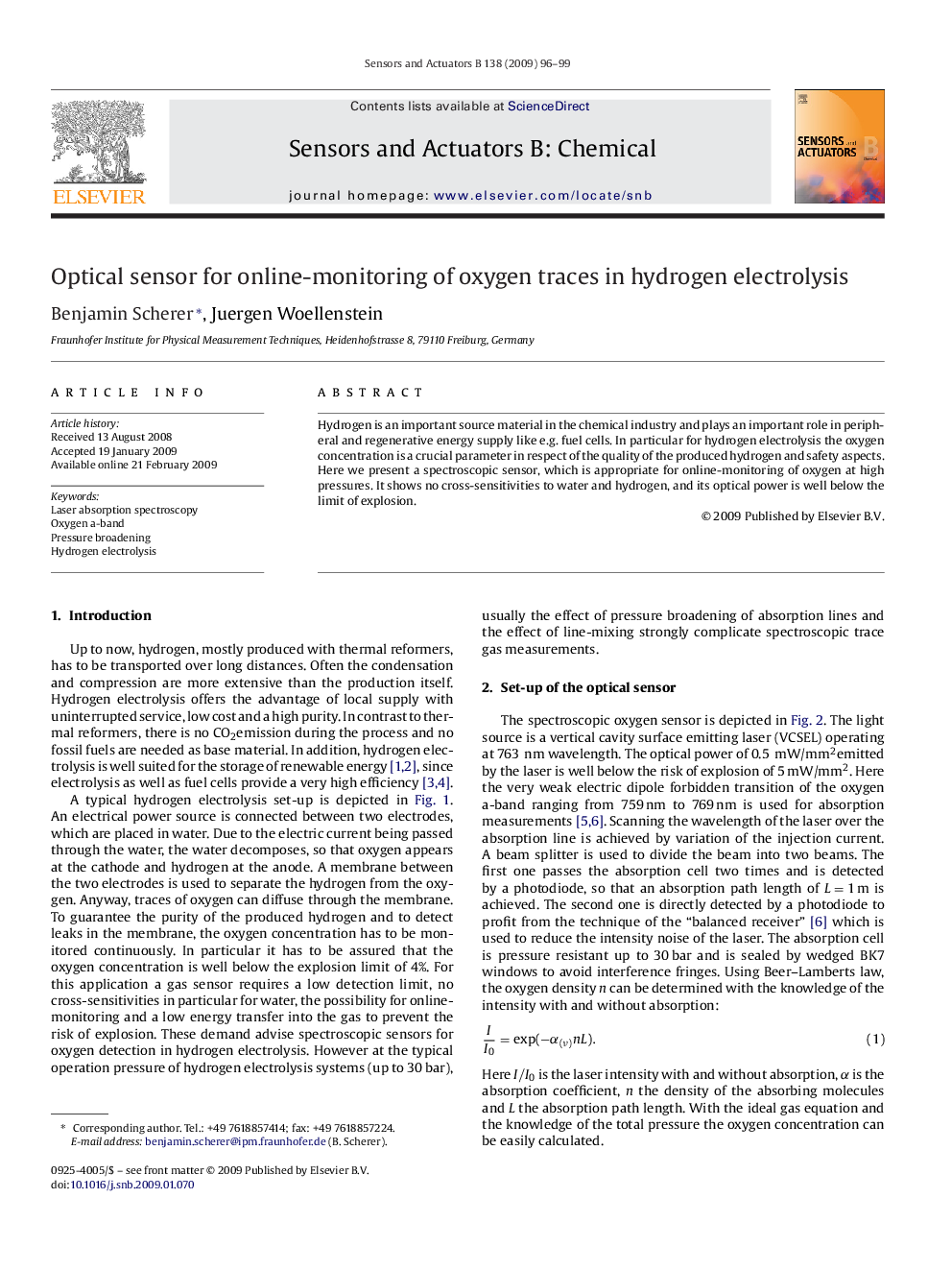 Optical sensor for online-monitoring of oxygen traces in hydrogen electrolysis