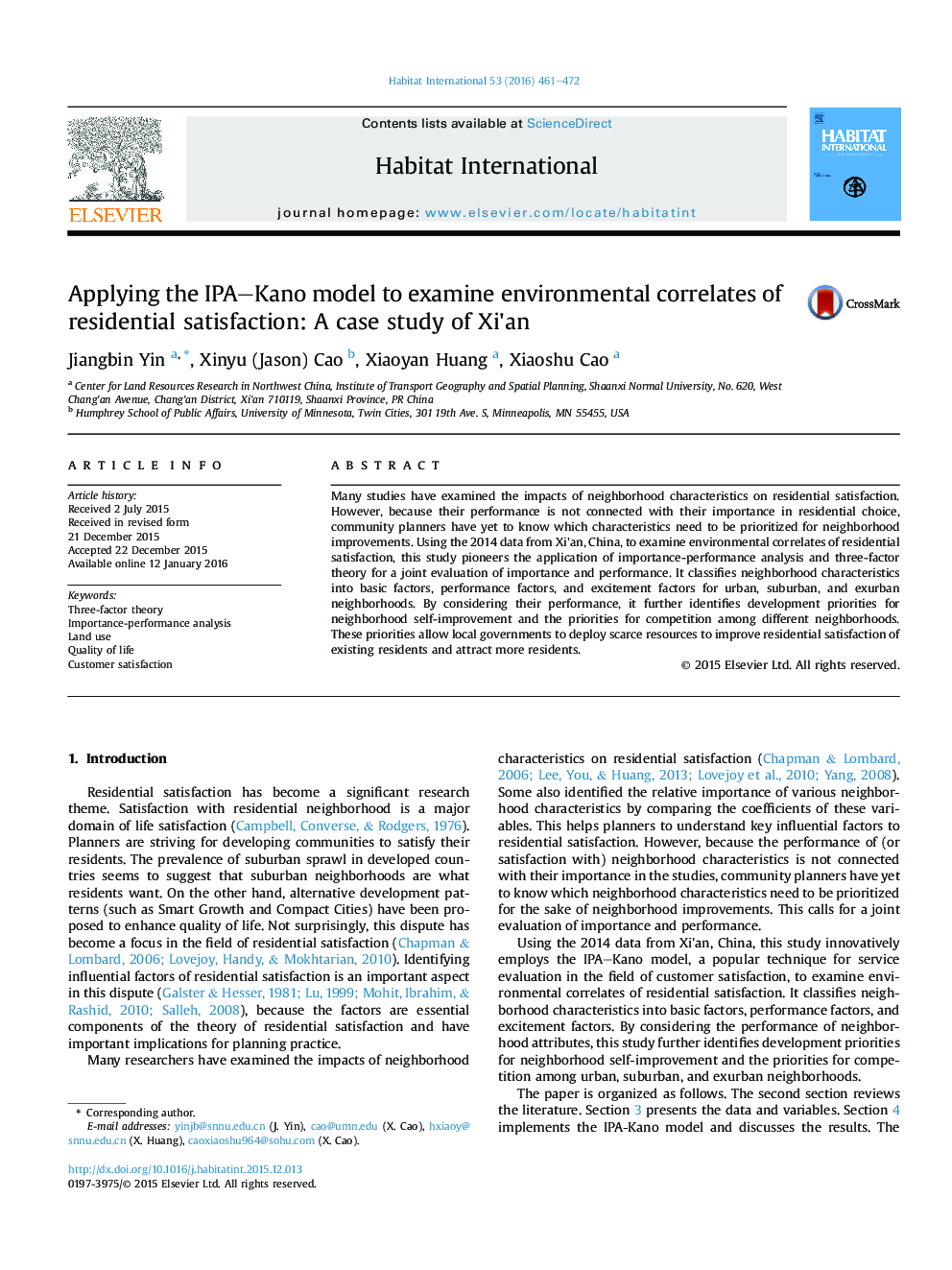 Applying the IPA-Kano model to examine environmental correlates of residential satisfaction: A case study of Xi'an