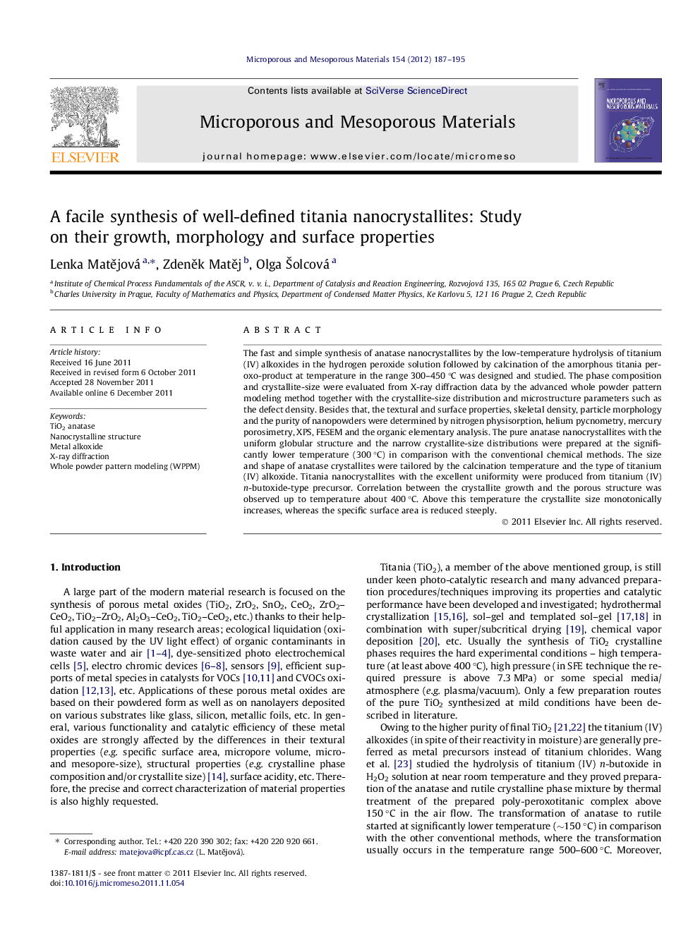 A facile synthesis of well-defined titania nanocrystallites: Study on their growth, morphology and surface properties