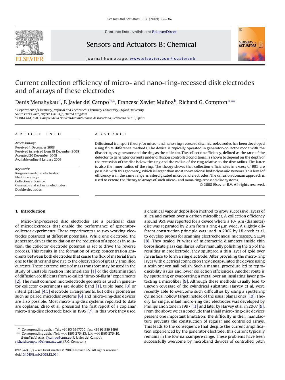 عکس صفحه اول مقاله: Current collection efficiency of micro- and nano-ring-recessed disk electrodes and of arrays of these electrodes Current collection efficiency of micro- and nano-ring-recessed disk electrodes and of arrays of these electrodes