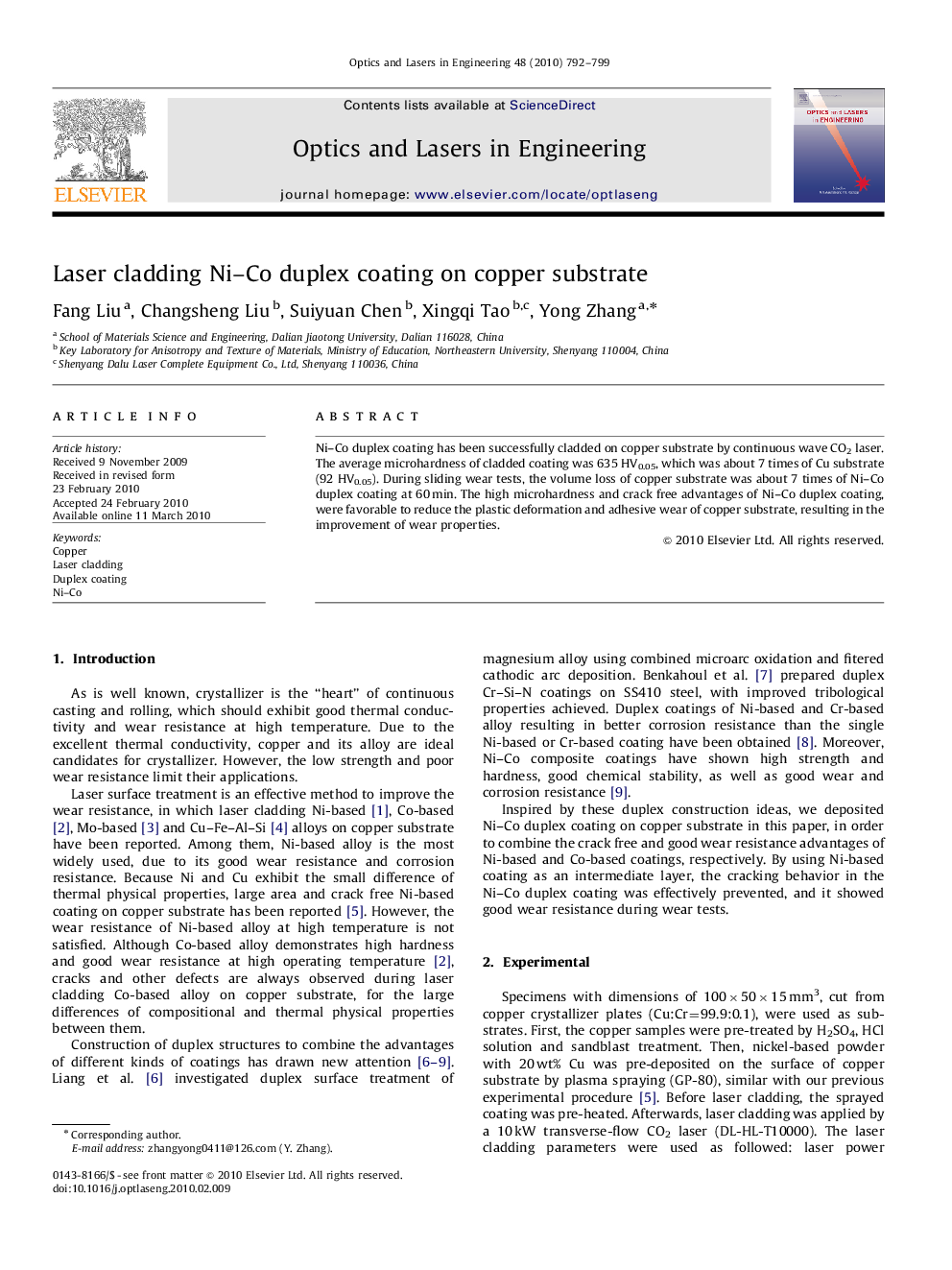 Laser cladding Ni–Co duplex coating on copper substrate