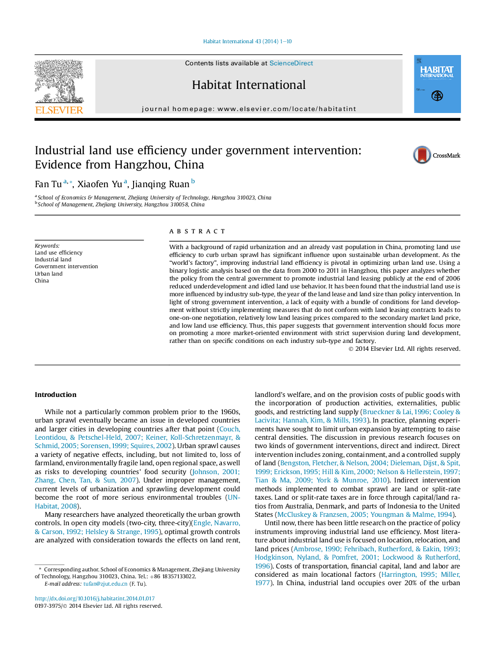 Industrial land use efficiency under government intervention: Evidence from Hangzhou, China