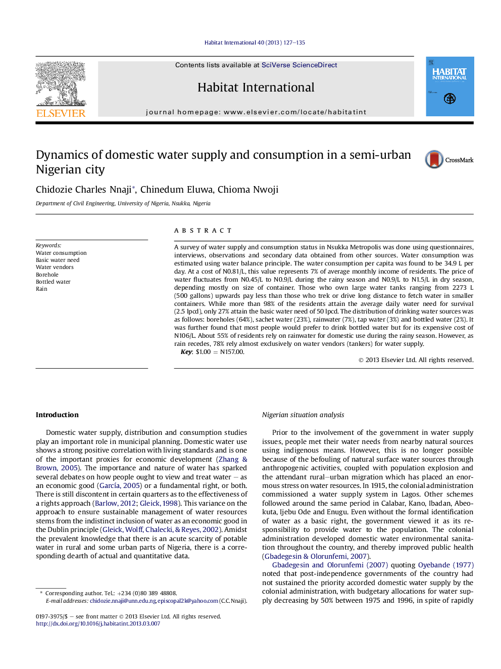 Dynamics of domestic water supply and consumption in a semi-urban Nigerian city