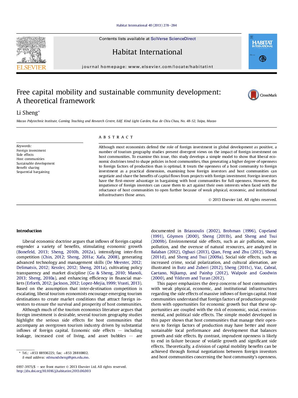 Free capital mobility and sustainable community development: A theoretical framework