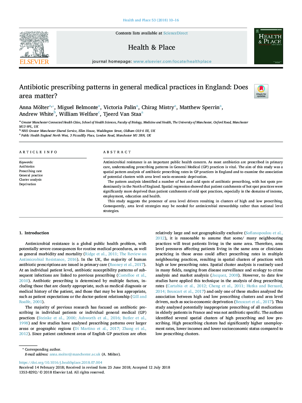 Antibiotic prescribing patterns in general medical practices in England: Does area matter?