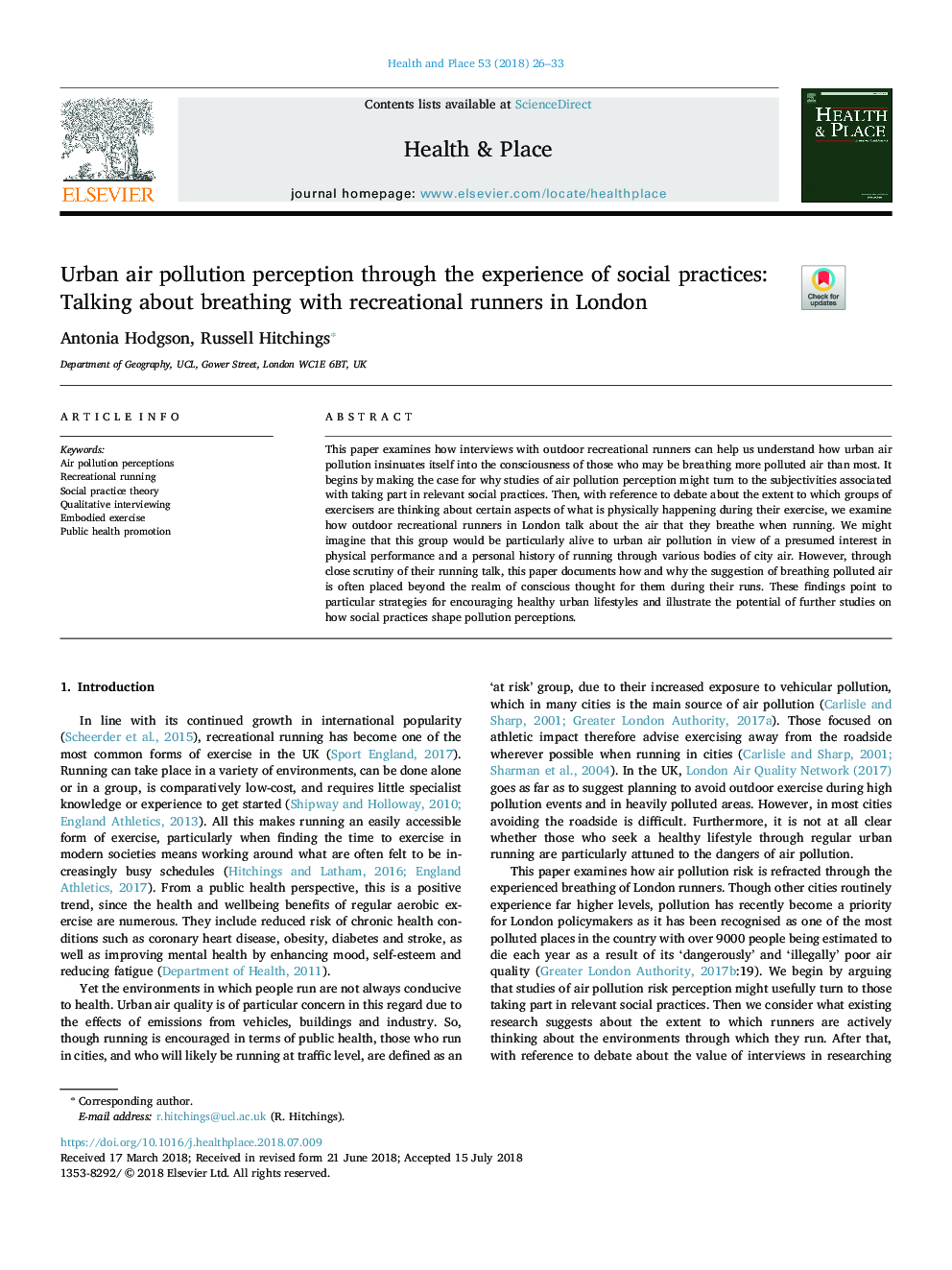 Urban air pollution perception through the experience of social practices: Talking about breathing with recreational runners in London