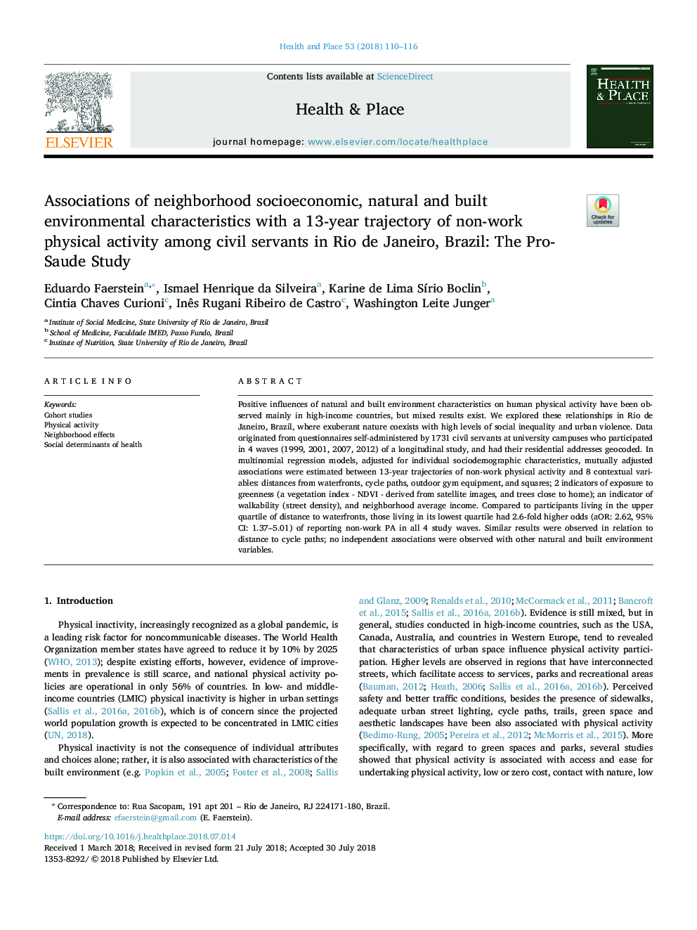 Associations of neighborhood socioeconomic, natural and built environmental characteristics with a 13-year trajectory of non-work physical activity among civil servants in Rio de Janeiro, Brazil: The Pro-Saude Study