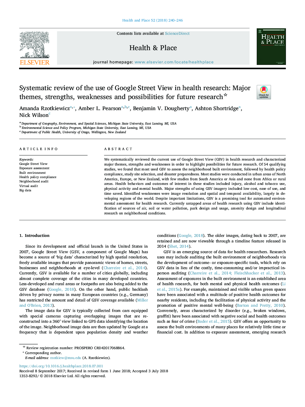 Systematic review of the use of Google Street View in health research: Major themes, strengths, weaknesses and possibilities for future research