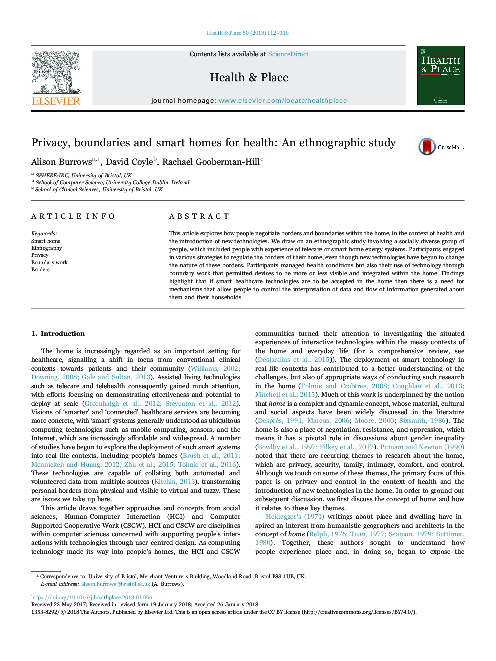 Privacy, boundaries and smart homes for health: An ethnographic study