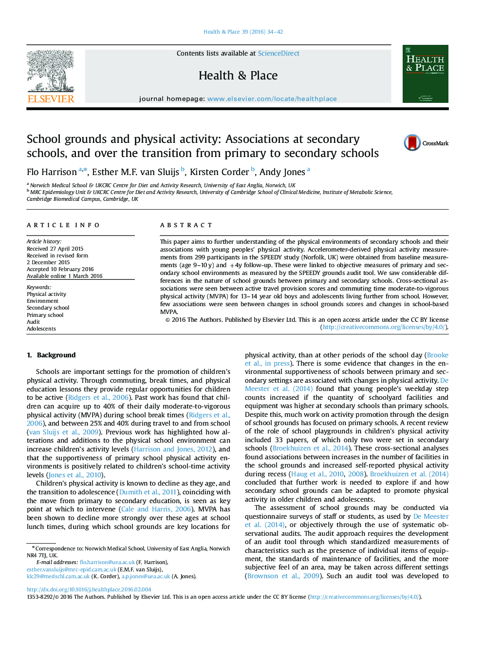 School grounds and physical activity: Associations at secondary schools, and over the transition from primary to secondary schools