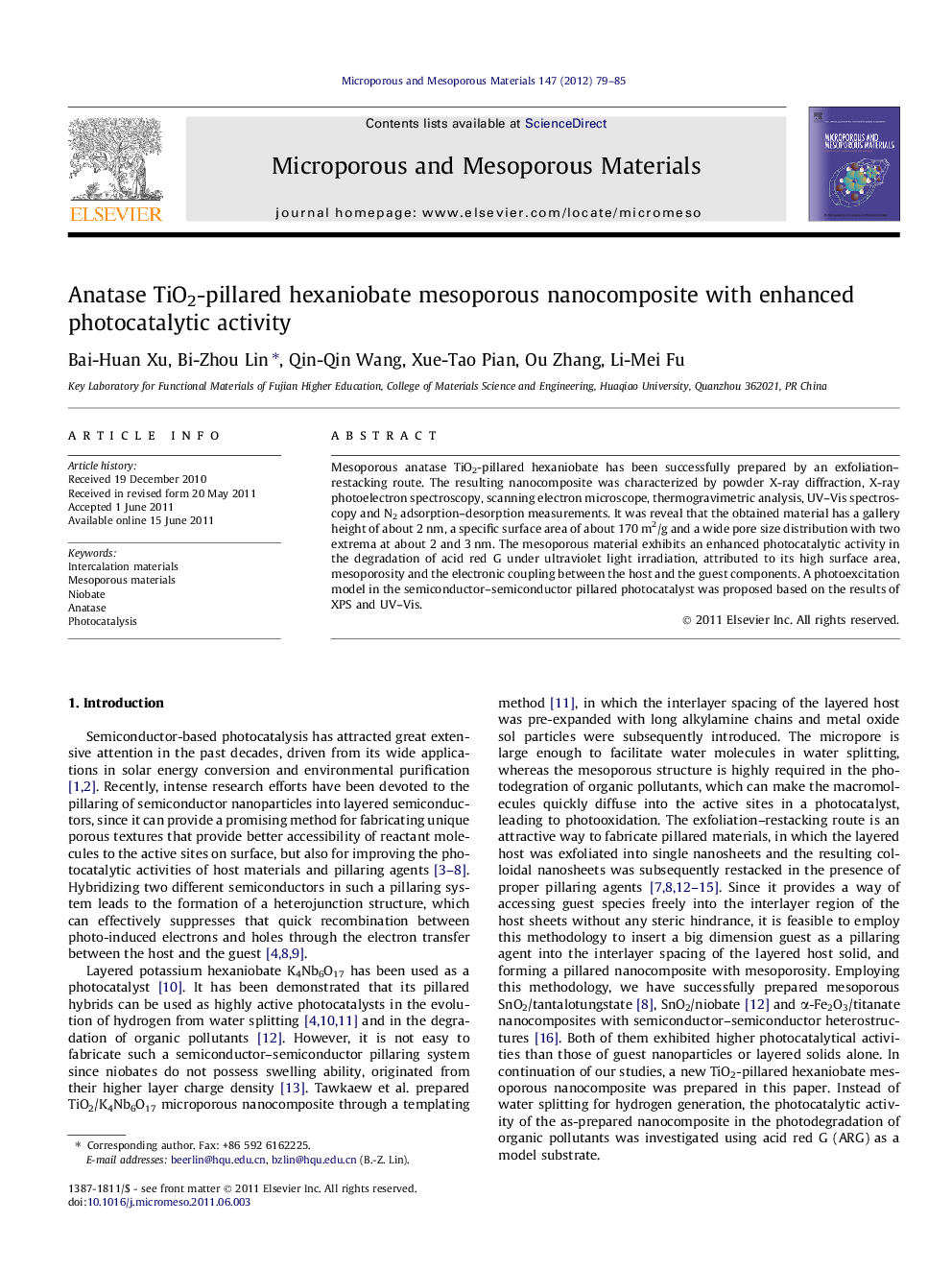 عکس صفحه اول مقاله: Anatase TiO2-pillared hexaniobate mesoporous nanocomposite with enhanced photocatalytic activity Anatase TiO2-pillared hexaniobate mesoporous nanocomposite with enhanced photocatalytic activity