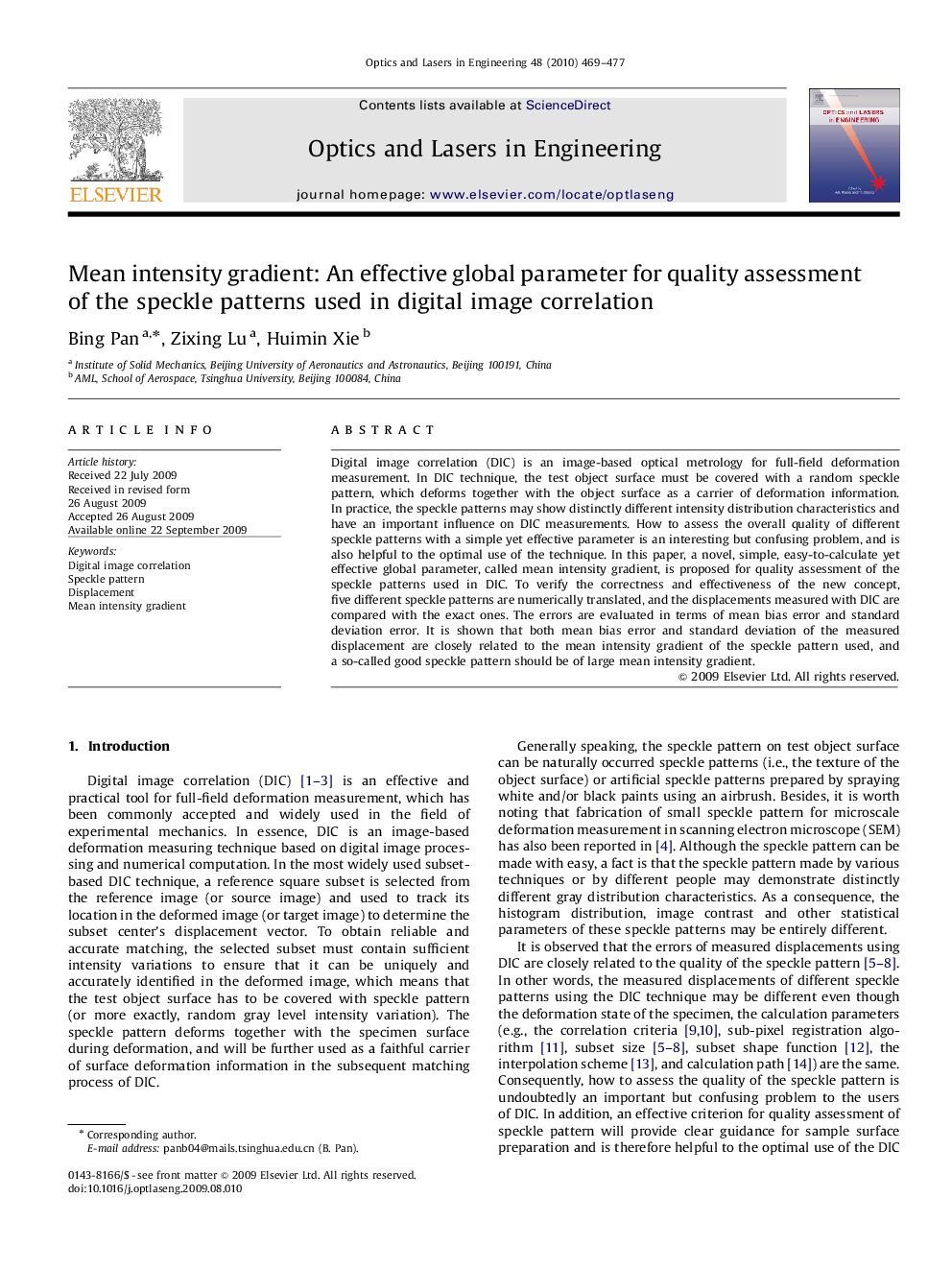 Mean intensity gradient: An effective global parameter for quality assessment of the speckle patterns used in digital image correlation