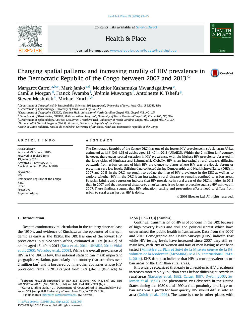 Changing spatial patterns and increasing rurality of HIV prevalence in the Democratic Republic of the Congo between 2007 and 2013