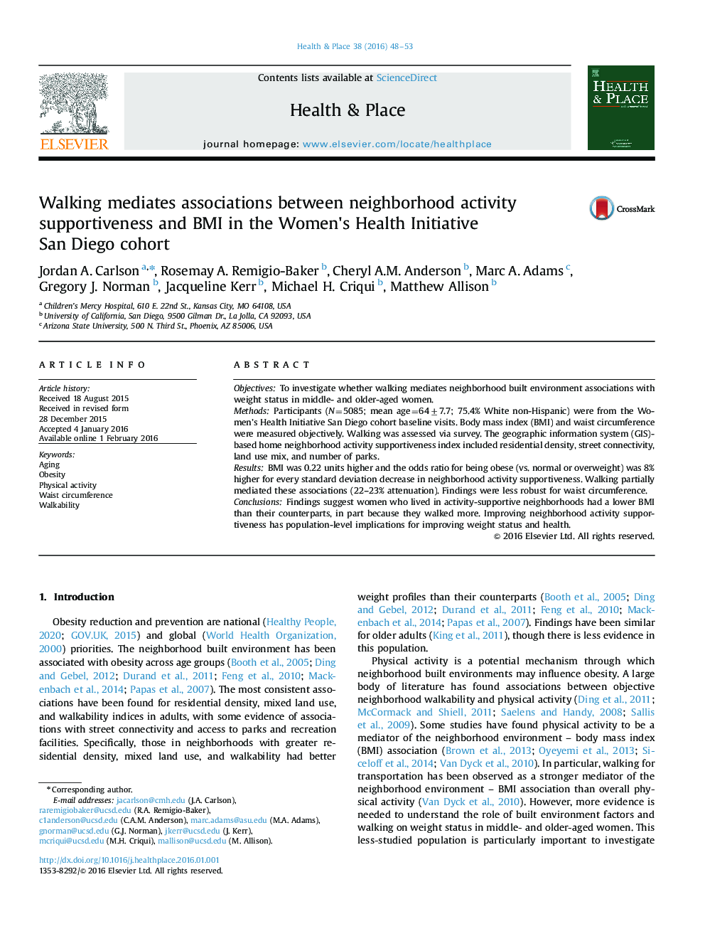 Walking mediates associations between neighborhood activity supportiveness and BMI in the Women's Health Initiative San Diego cohort