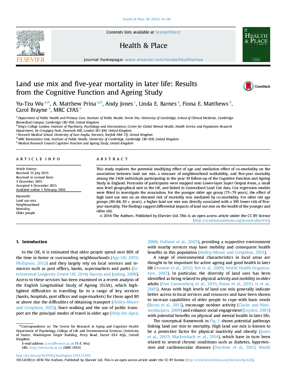 Land use mix and five-year mortality in later life: Results from the Cognitive Function and Ageing Study