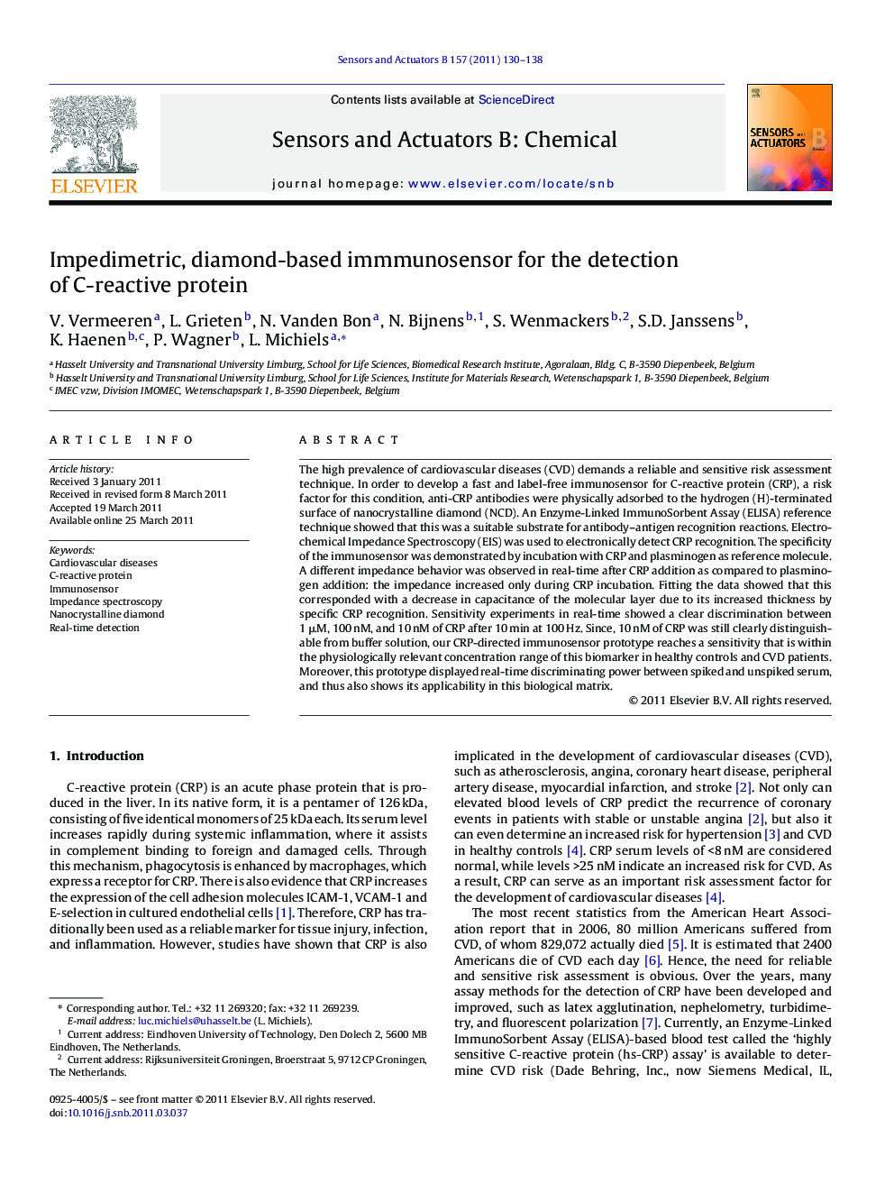 Impedimetric, diamond-based immmunosensor for the detection of C-reactive protein