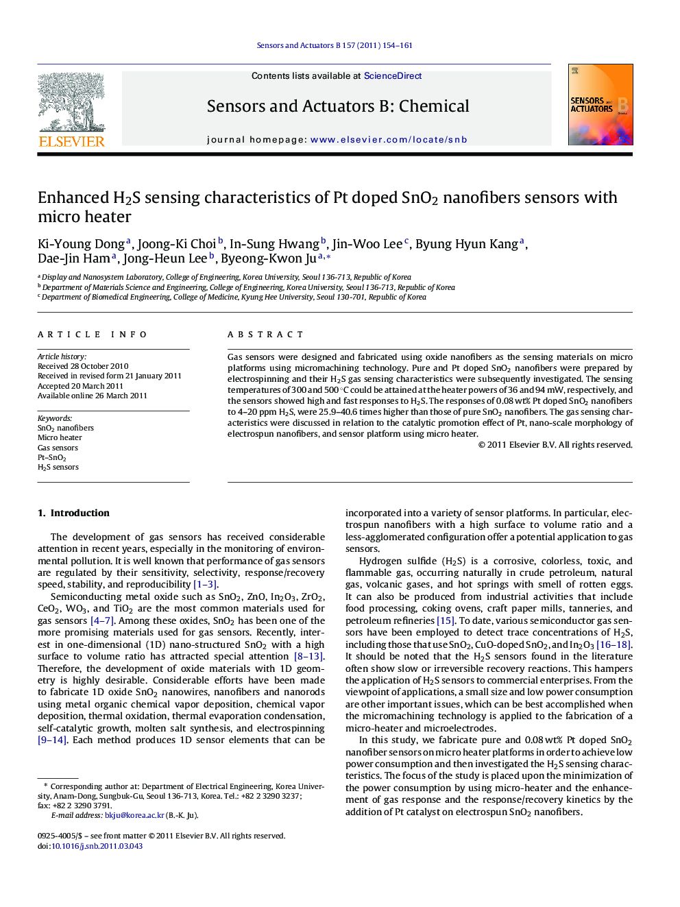 Enhanced H2S sensing characteristics of Pt doped SnO2 nanofibers sensors with micro heater