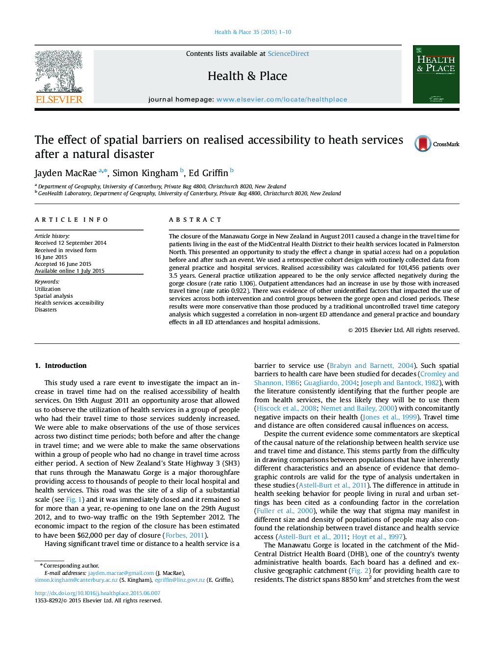 The effect of spatial barriers on realised accessibility to heath services after a natural disaster